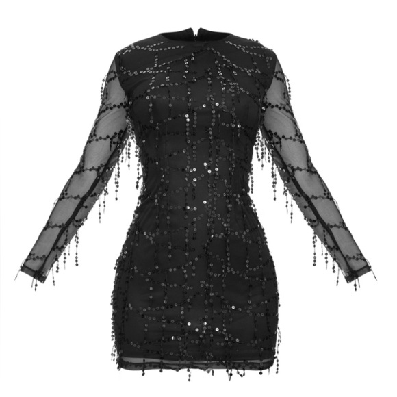 PrettyLittleThing Black Sequin Mini Dress with Bateau Neckline - Picture 4 of 11